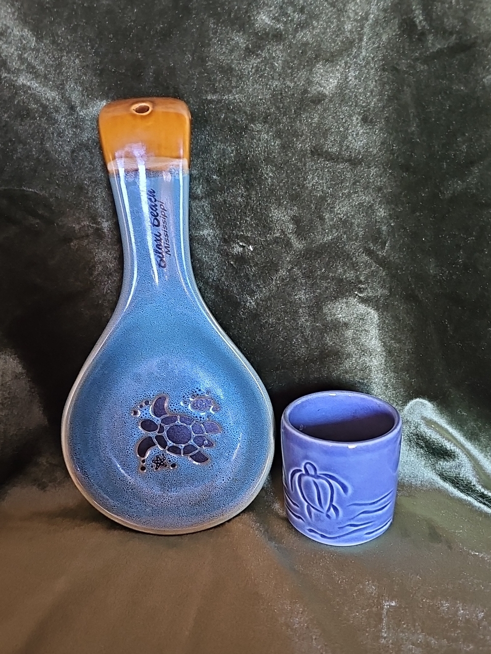 Blue Ceramic Spoon Rest and Utensil Holder Set with Turtle Motif
